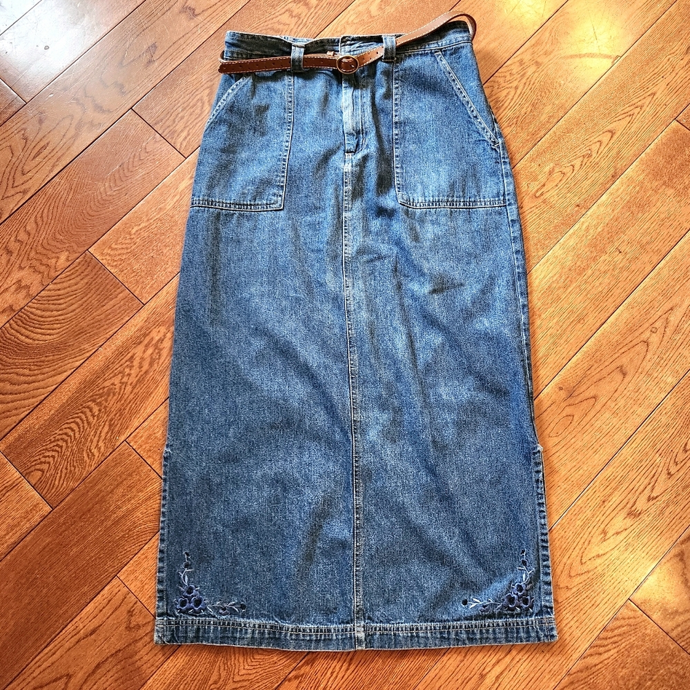 Y2K White Stag Denim Midi Skirt Womens 10 Embroidered 3 Pocket Long Belted Blue